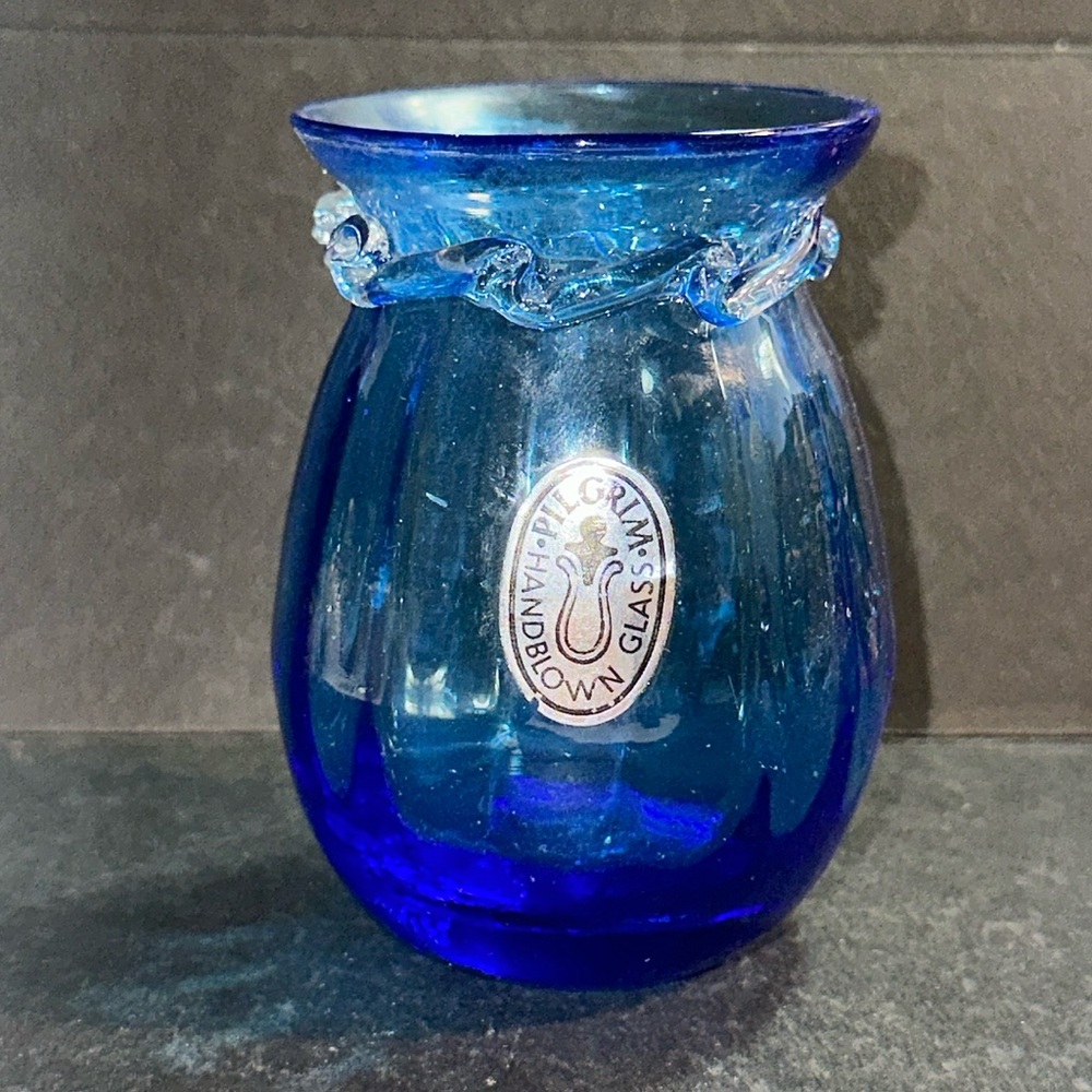 Vintage Pilgrim Glass Hand Blown Paneled Vase Swirled Trim Blue Cobalt 3.75”
